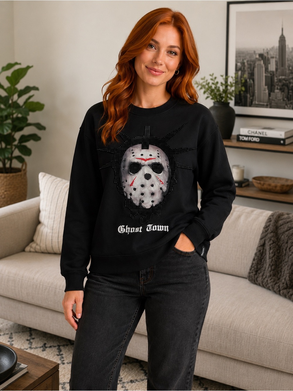 UNISEX ROKUSTUDIO Ghost Town Jason Crew Neck LONGSLEEVE SWEATSHIRT SIZE L Black